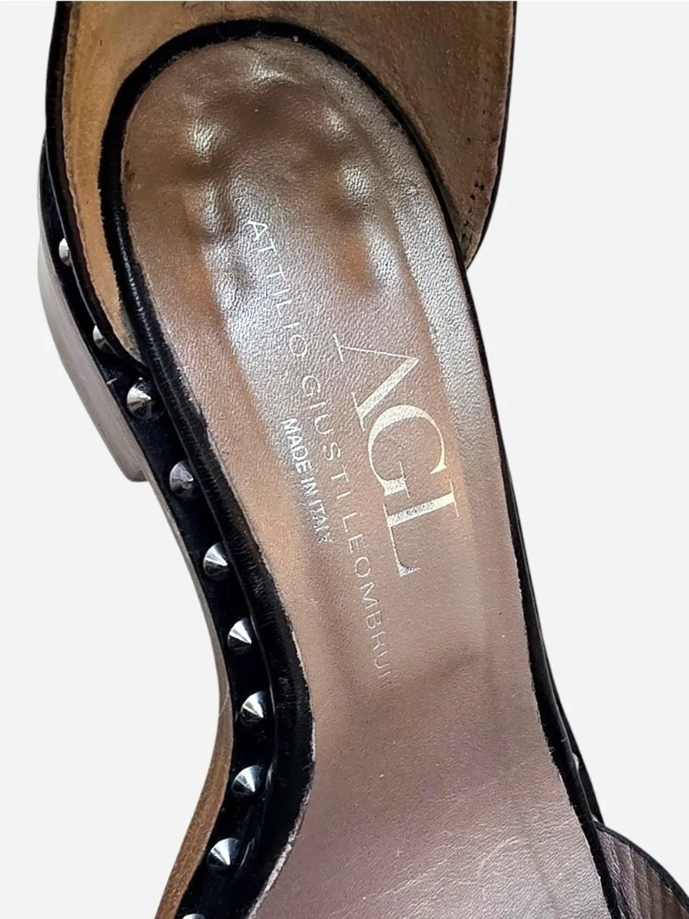 AGL Italian Black Leather Studded Block Heel Sandals, Scalloped Ankle Cuff 39/9